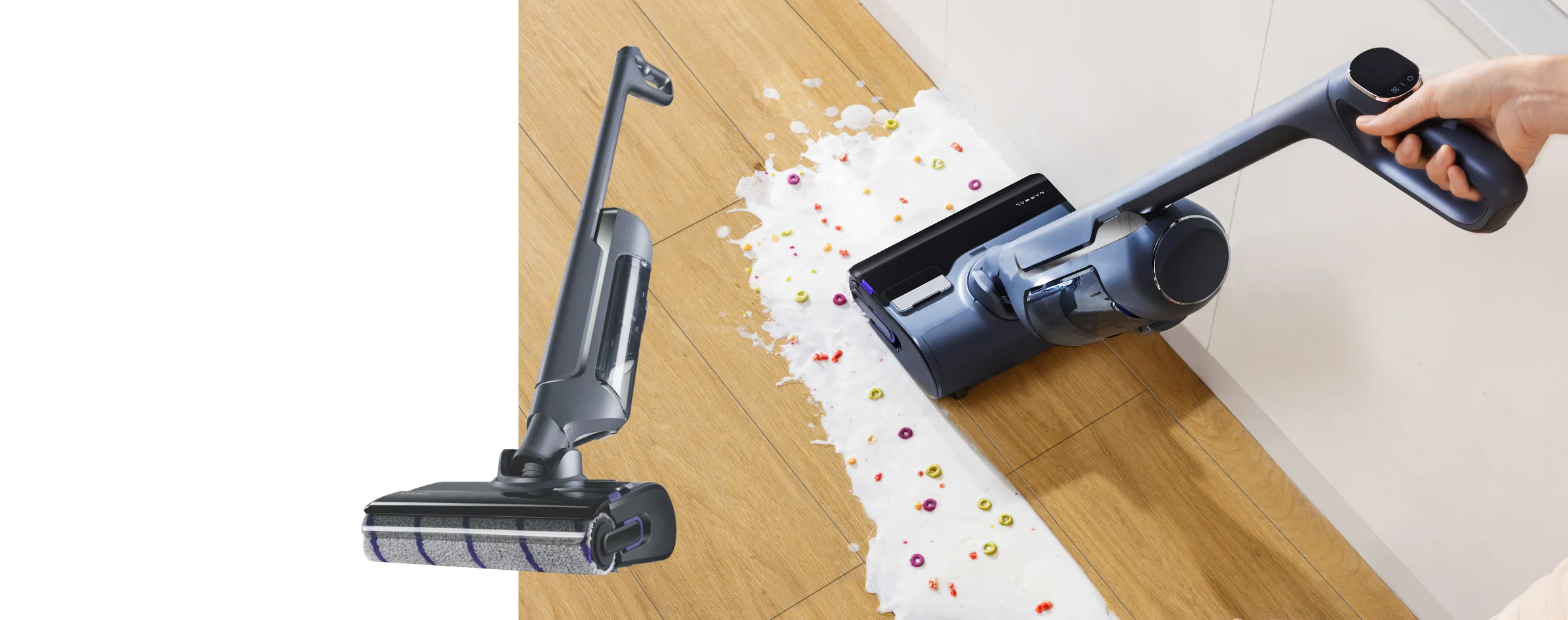 Product and lifestyle image of the Narwal S20 Pro Wet & Dry Cordless Hard Floor Cleaner