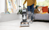 Woman steam cleans carpeted floor in living room