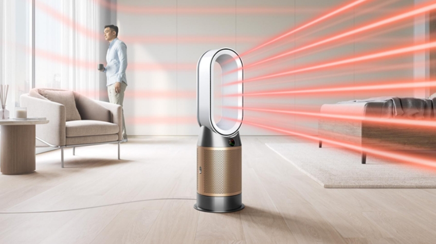 A mother reads to her toddler while a Dyson Purifier purifies the room