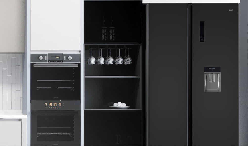 The black 202L Top Mount CHiQ fridge sits in a blue kitchen overlooking a cityscape
