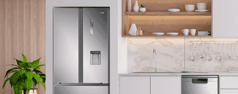 A silver fridge in a Hamptons style kitchen