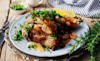 A delicious steam toast lamb shoulder on a baby blue plate