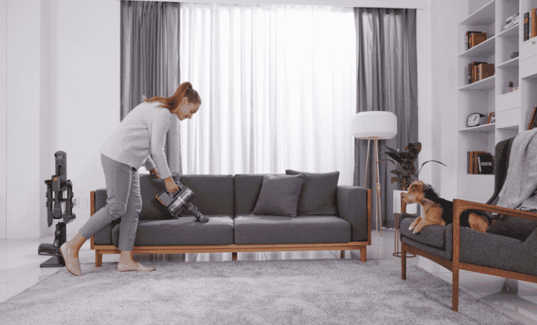Woman vacuuming her couch with her Pet LG Stick Vacuum with dog watching on an arm chair 