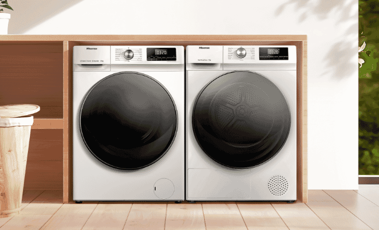 Matching Hisense Washer and Dryer in modern white and wooden laundry 