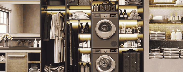 Front loading washing machine in an ontrend dark grey finish in a modern laundry room