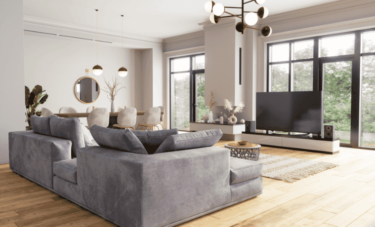 Modern living room and dining room with television set and parquet floor