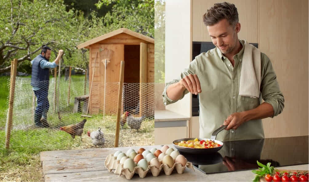Man cooking a meal in his kitchen using eggs and tomatoes