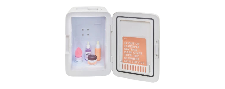 An open Homedics 10 Litre Radiance Beauty Bar in Teal Green with beauty products inside