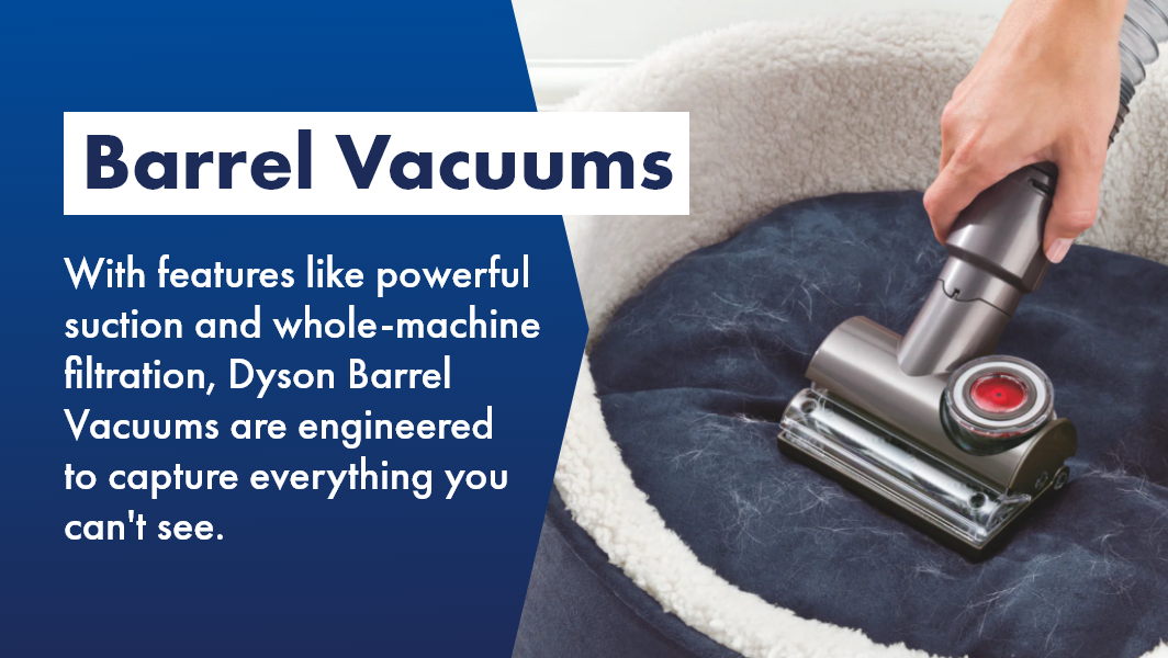 Powerful barrel vacuum cleaning pet hair on dog bed from Dyson. 