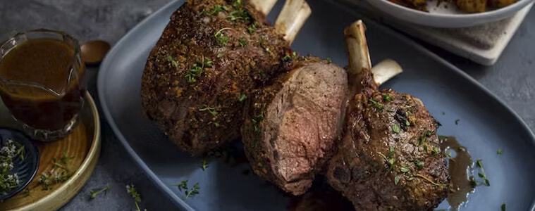 Roast beef garnished with thyme on a blue plate 