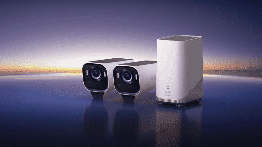 Image of the eufy Solocam S220 with Homebase 2 Camera Kit against a purple background