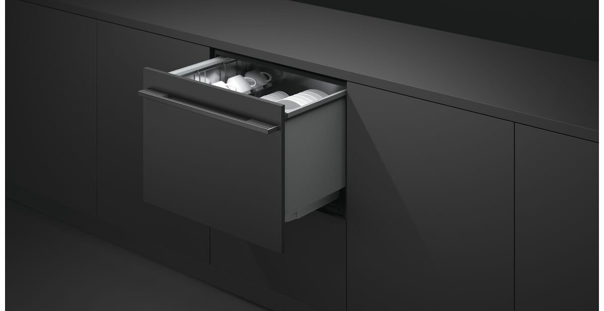 Black Fisher  Paykel Dishwasher half opened