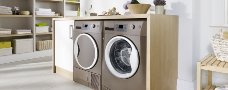 A match washer and heat pump dryer in a neutraltoned laundry