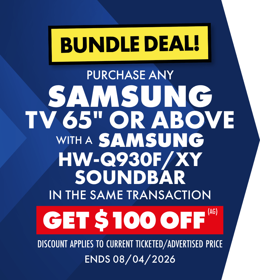 Bundle any 65" or above Samsung TV with a HW-Q930F/XY Sound Bar & receive $100 Off the total purchase price