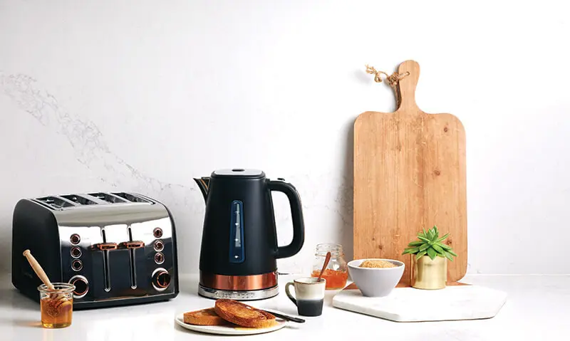 Kitchen bench with a shiny new Russell Hobbs toaster and kettle combo
