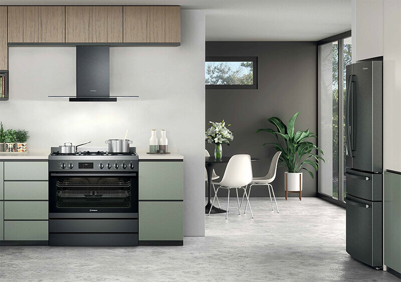 Bright open plan modern home with a stainless steel freestanding oven