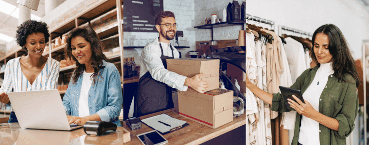Images of people in various retail spaces including shops and a cafe 
