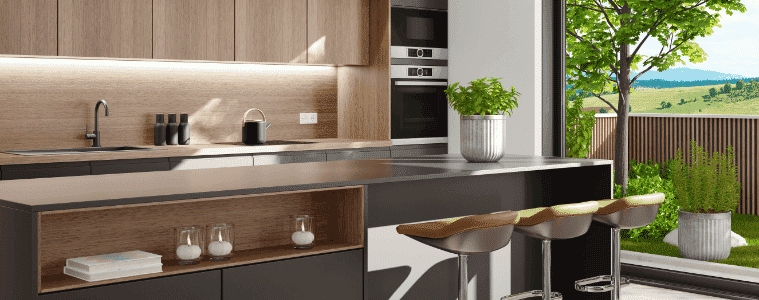 A modern walnut and black kitchen in the countryside