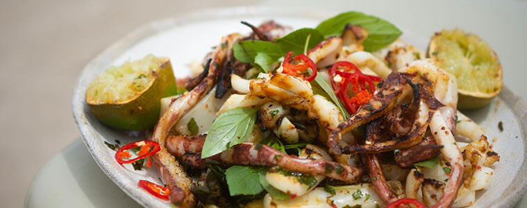 Chilli and Thai Basil Squid on a white plate
