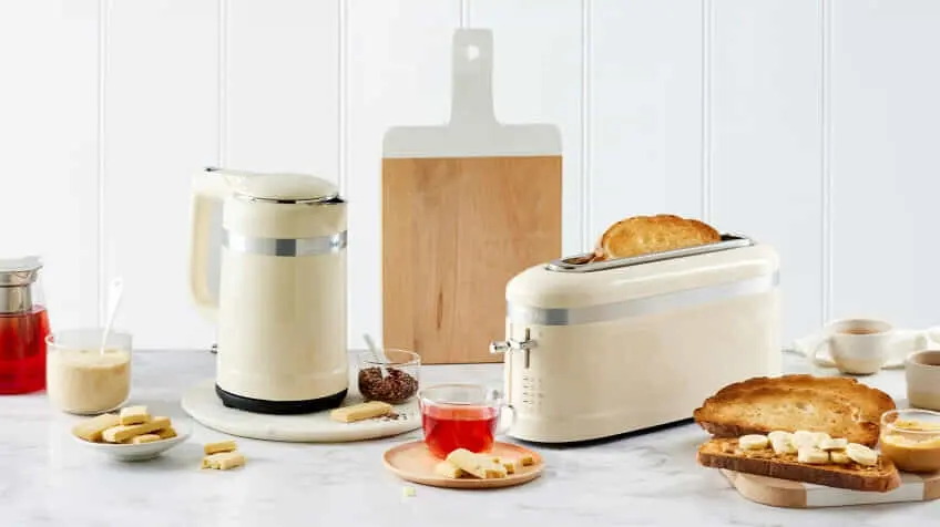 KitchenAid Kettle  Toaster card Cream KitchenAid toaster and kettle in stylish white kitchen with marble benchtop 