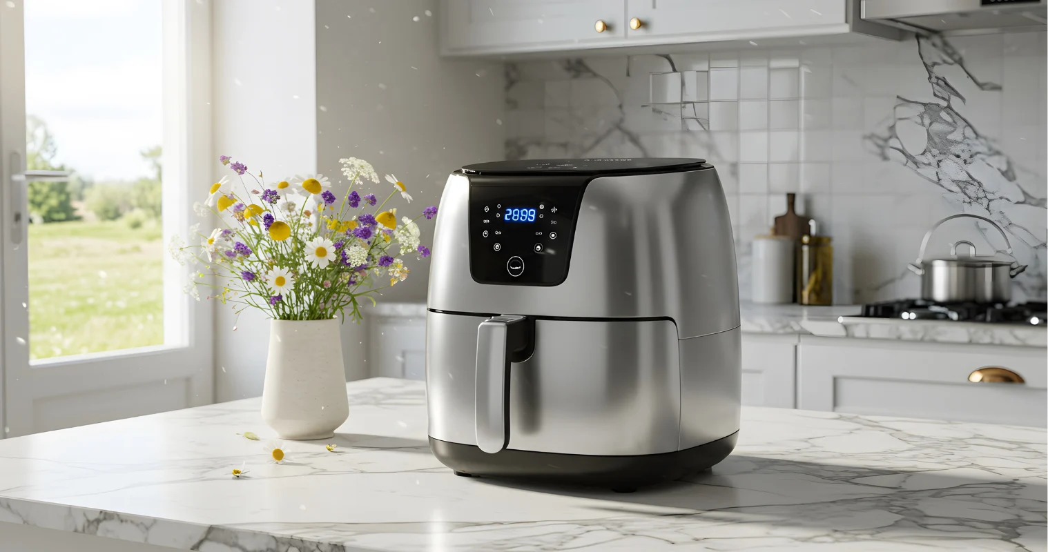 Stainless steal single draw air fryer sitting on marble bench in beautiful kitchen next to a vase of flowers