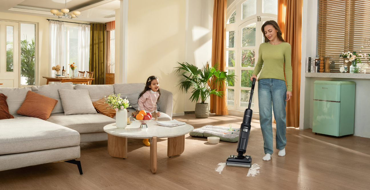 Tineco Floor One S7 Stretch Steam Hard Floor Cleaner vacuuming living room