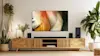 Stylish LG OLED TV in timbre living room.