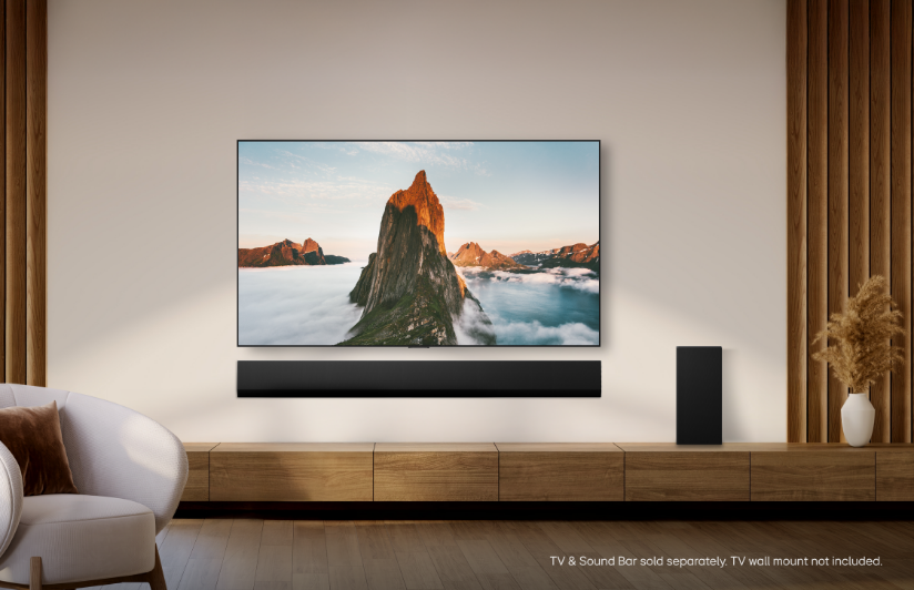 Stylish LG OLED TV in timbre living room.