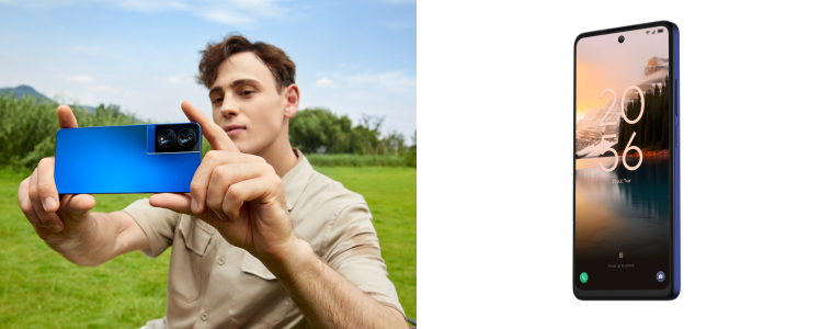 Picture of a man taking a photo using a TCL phone next to product image of TCL NXTPAPER