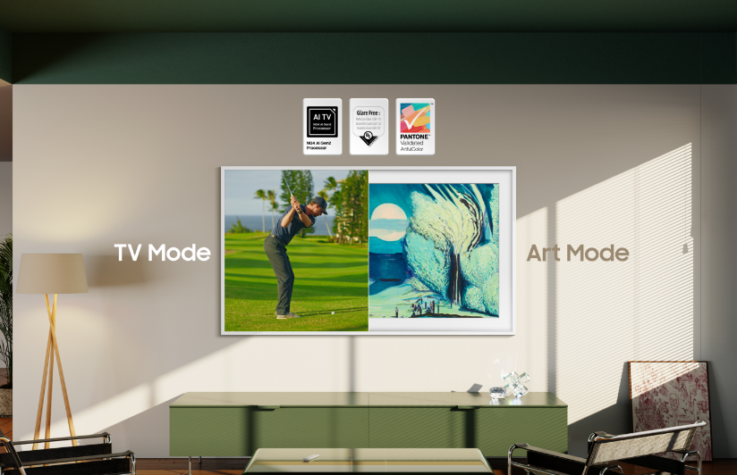 Half split of Samsung lifestyle tv with TV mode and art mode.