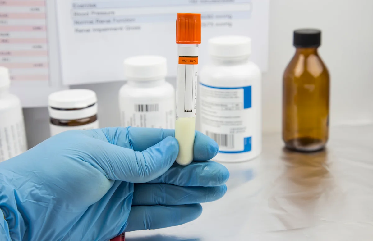 Gloved hand holding a semen sample tube in a lab for male fertility and sperm analysis testing
