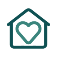 Illustrated icon of a home shape outline with a heart within