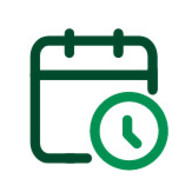 Green calendar icon with a clock in front of it