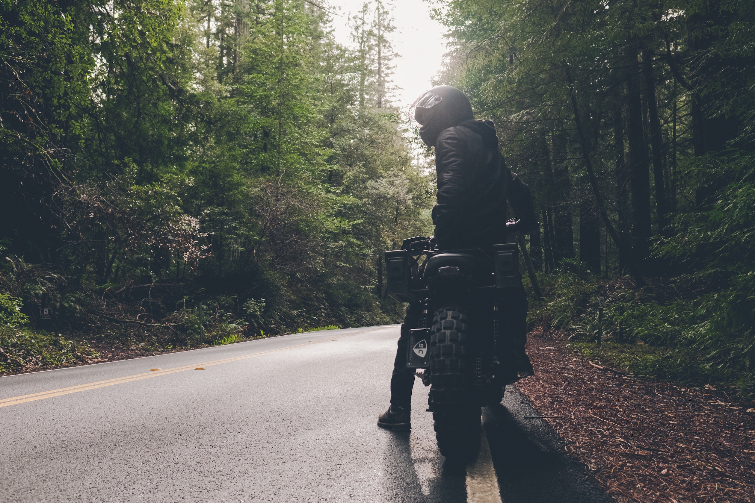 Photo of a person on a motorcycle parked taking a break at the edge of a forest.