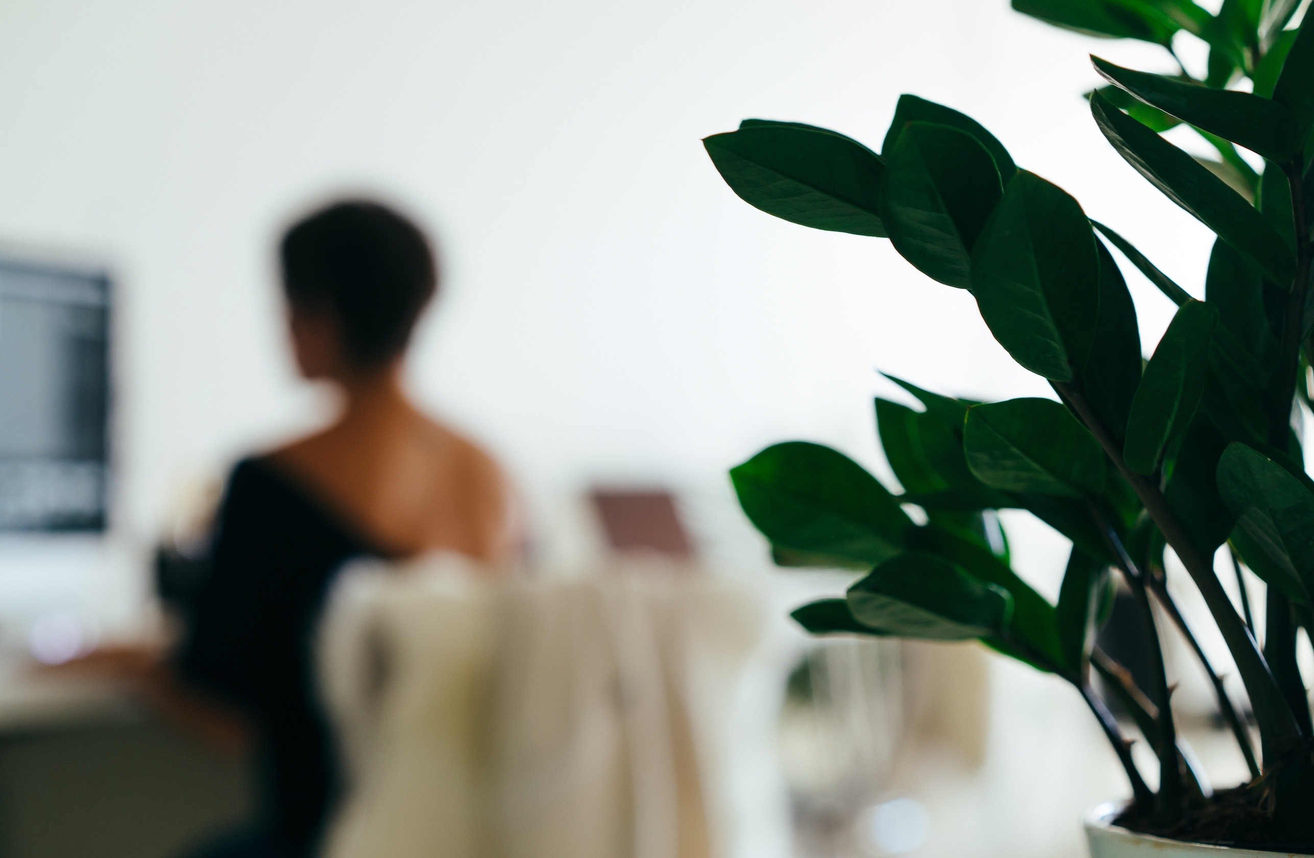 Photo of a person in soft focus sitting at a desk in their home with a plant in the foreground.