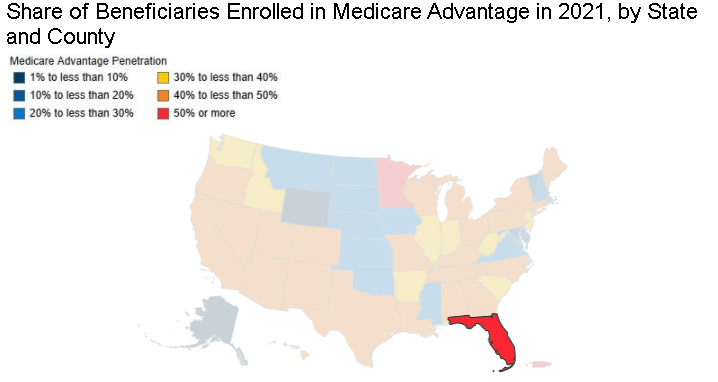 Share of Beneficiaries Enrolled in Medicare Advantage in 2021, by State and County