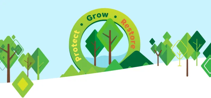 Protect - Grow - Restore logo surrounded by diamond-shaped trees