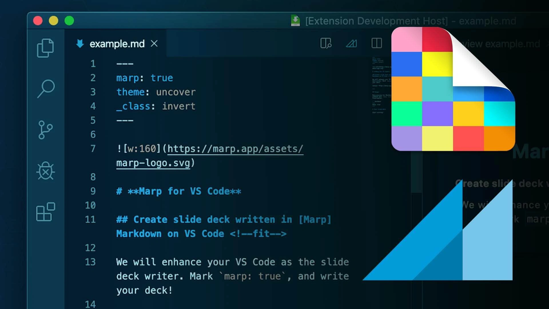VSCode markup window with Deckset and Marp logos overlaid on top