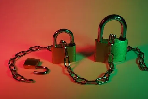 3 pad locks under red and green lights, with a chain connecting them all.