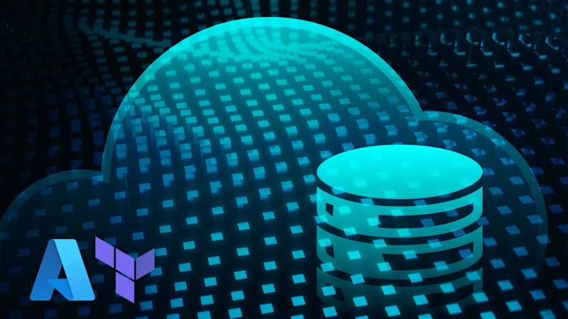 An abstract digital blue background of cloud computing with the Azure and Terraform logos in the front.