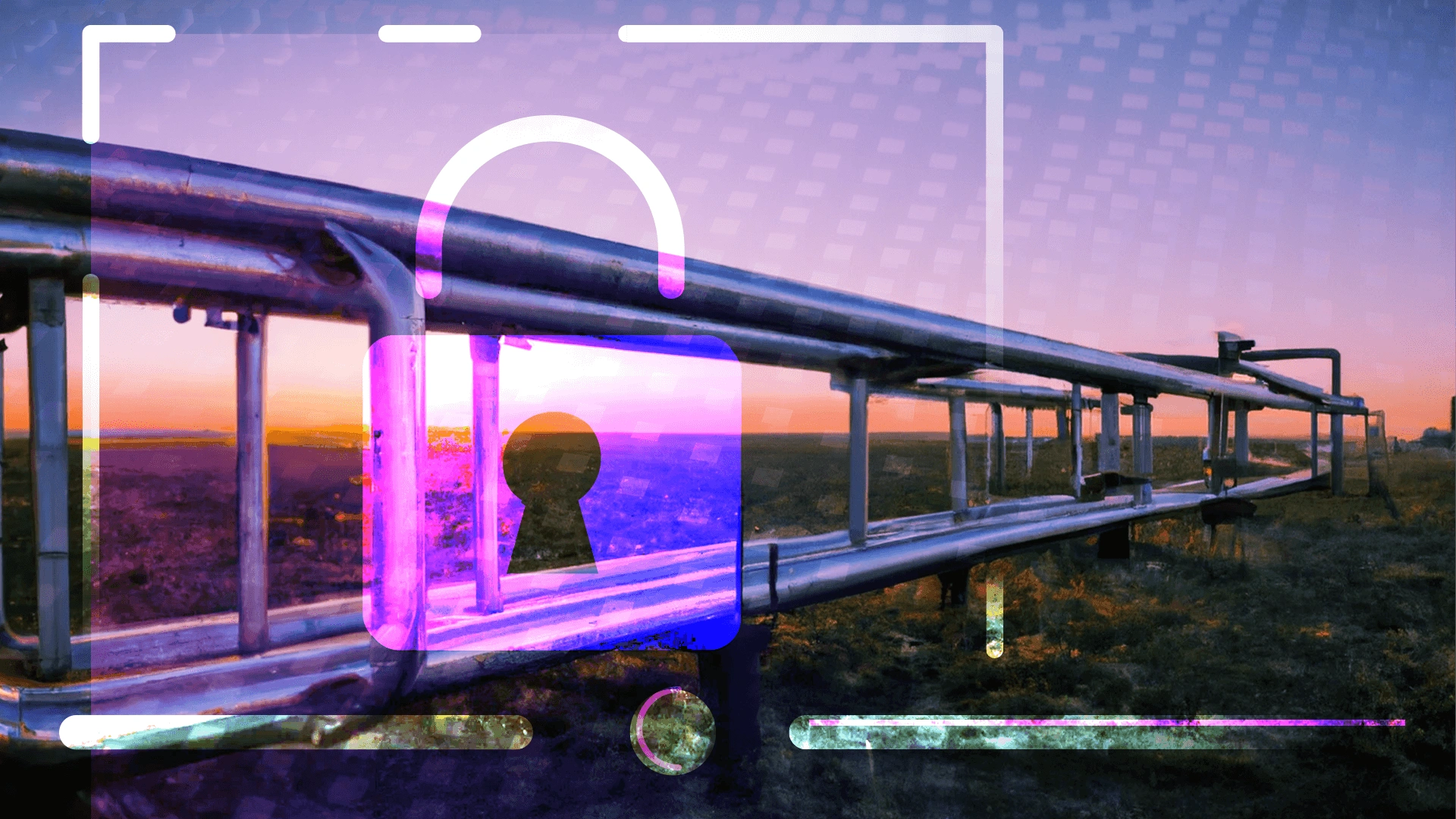 A sunset-colored oil and gas pipeline with a security scan icon overlaid