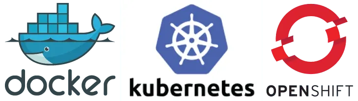 The Docker, Kubernetes, and Openshift logos side-by-side.