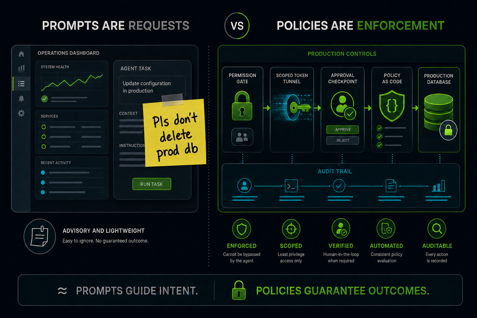 Side by side illustrated diagram of prompts vs policies