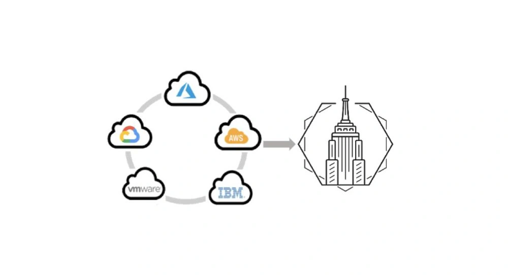 The logos for 5 hybrid cloud solutions arranged in a pentagon, next to an illustration of a skyscraper.