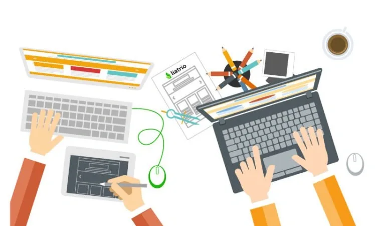 A top down cartoon image of two people working on laptops sitting next to each other at a desk.