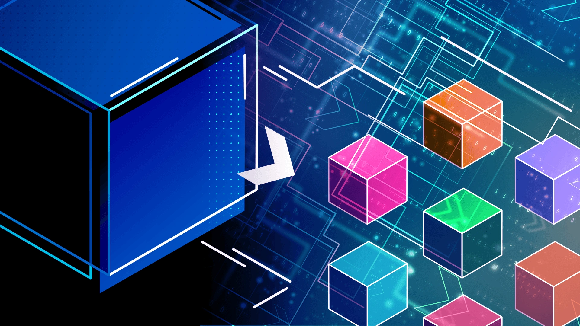 An abstract representation of a monolith cube being broken apart into microservice cubes.