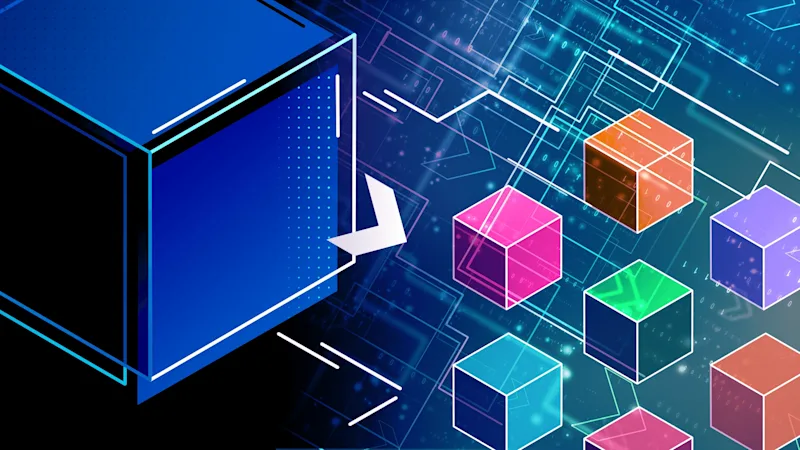 An abstract representation of a monolith cube being broken apart into microservice cubes.
