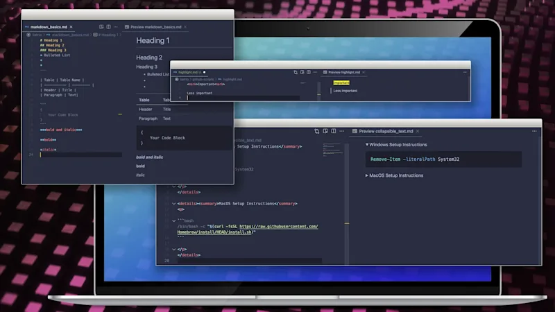 Markdown examples floating on top of a laptop computer.