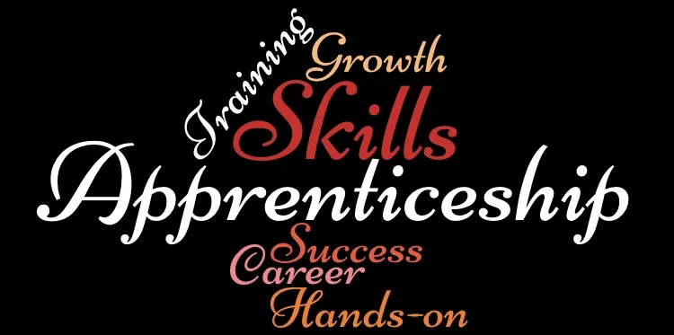 A word cloud with apprenticeship the largest word in the center, surrounded by growth, success, hands-on, skills, career and training.