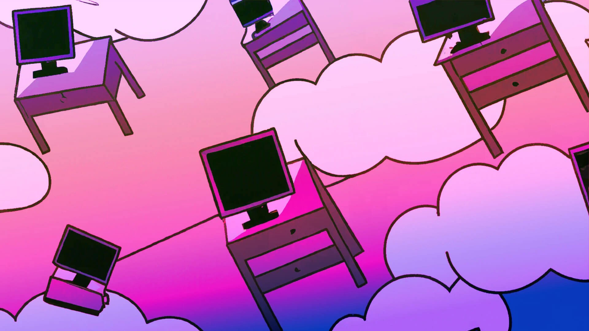 Computers floating in the clouds in a Chris Ware art style.